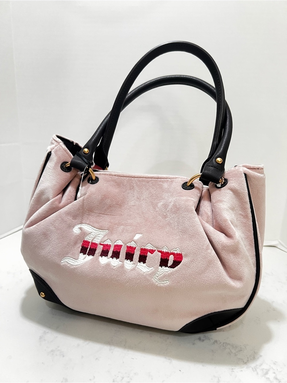 Juicy Couture Pink Velvet Shoulder Bag with Black Trim